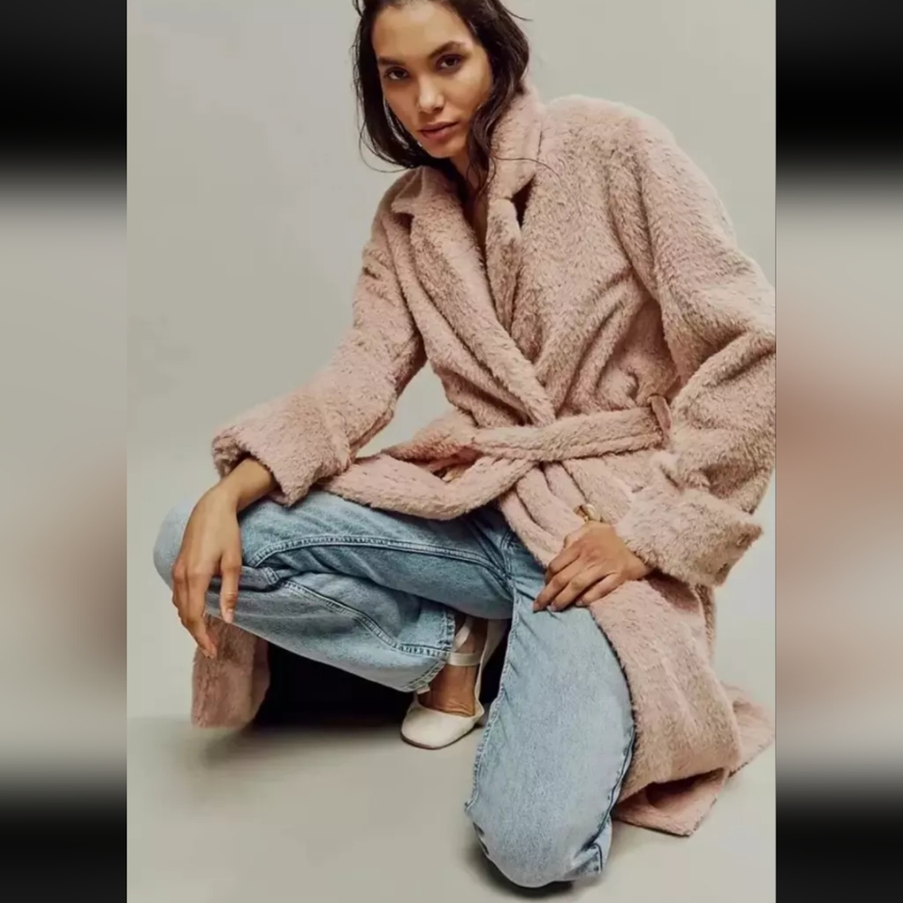 Free People Cuff it Coat Pink Teddy Faux Fur Trench Coat Jacket NWOT Size Large